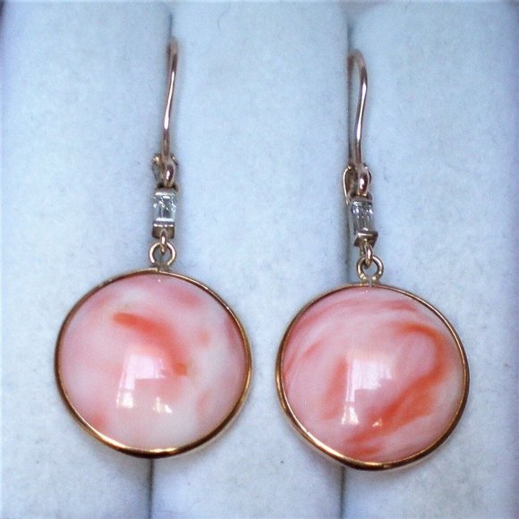 Vintage Soviet USSR 14K 583 Rose Pink Gold Diamond 17MM Coral Dangle EARRINGS - Picture 5 of 7